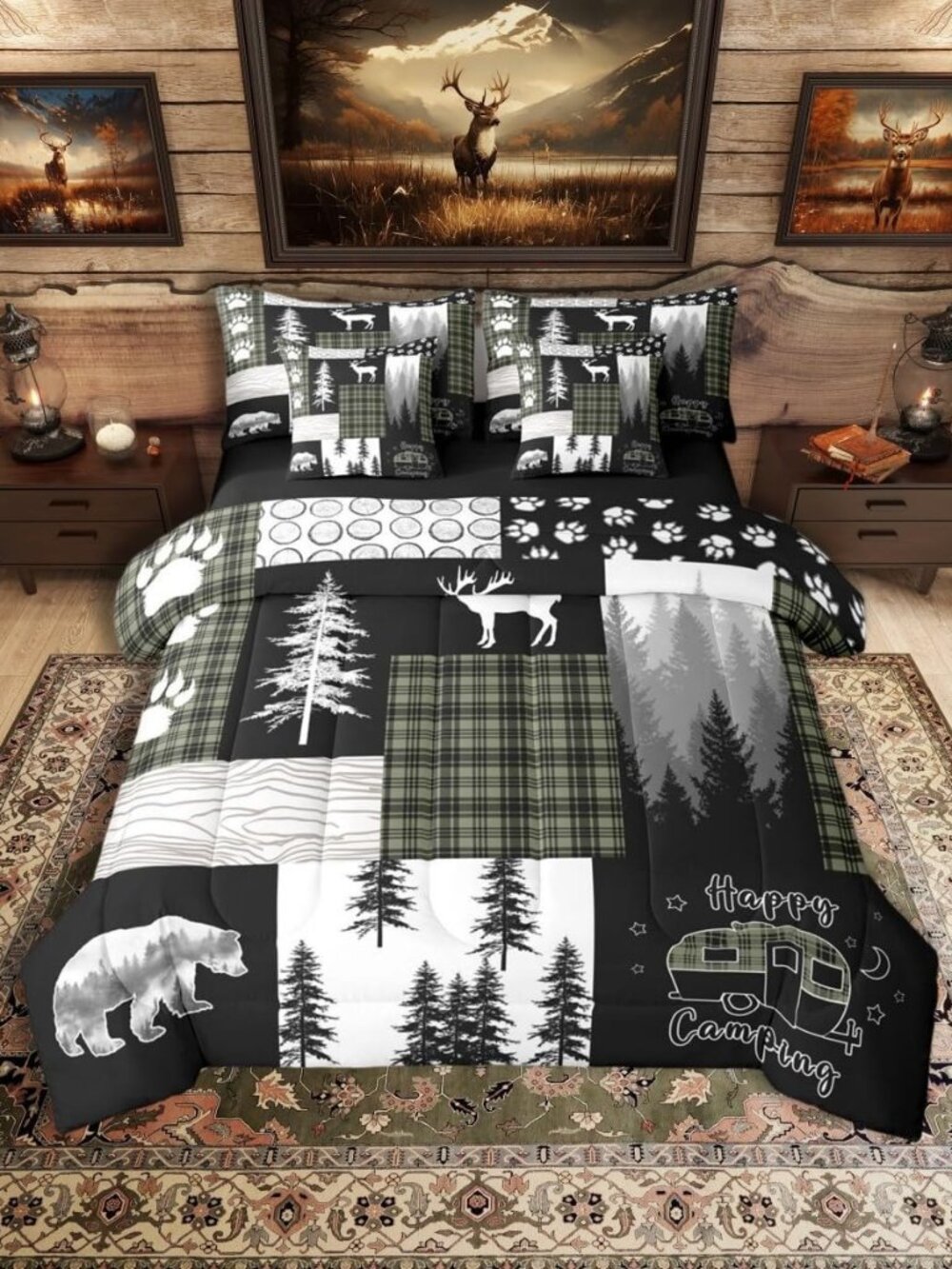 7Pc Rustic Cabin Bear Full Bedding Set, Hunting Deer Lodge Farmhouse Comforter